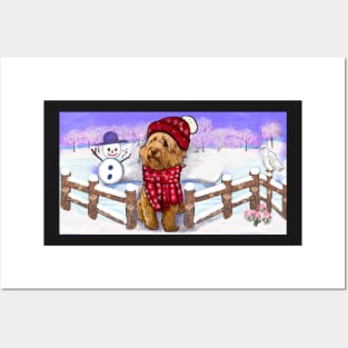 Cavoodle in festive red winter hat and scarf- cute cavalier king charles spaniel snug in a snowflake themed scarf Posters and Art